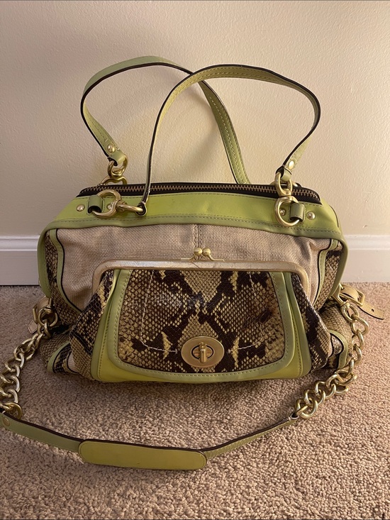 Coach Handbags - Coach Natalie bag Green Trim Python-Print Canvas Shoulder Bag gold accents